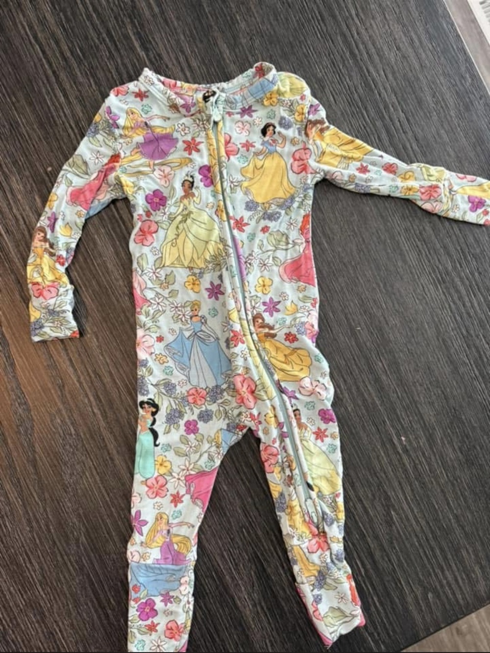 Posh Peanut Light Blue Disney Princess Floral Zip One-Piece Footie